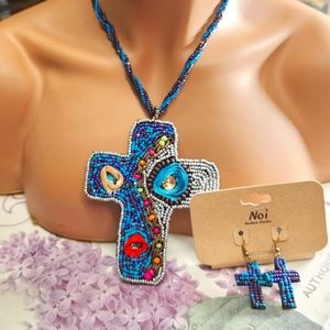 Boho Style Multi-Colored Beaded Large CROSS with matching earrings